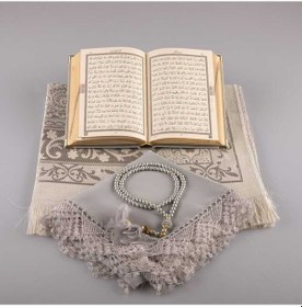 Resim Şal + Seccade + Tesbih + Kuran Set Çanta Boy Kadife Gri 