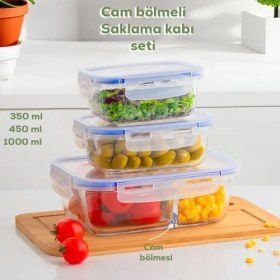 Resim Kilitli Kapaklı 3 Lü Çok Amaçlı Gıda Erzak Kahvaltılık Cam Saklama Kabı Seti 350-450-1000 ml 