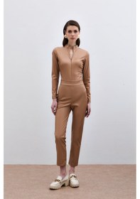Resim Sateen Yüksek Bel Deri Pantolon - Camel-135287 Camel 