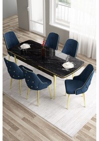 Resim Canisa Tia Serisi 80x132 Açılabilir Siyah Mermer Desen Gold Detay Masa Takımı Ve 6 Lacivert Sandalye Masa Siyah Mermer Desen Sandalye Lacivert 