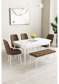 Resim Mabel Beyaz Mermer Desen 80x132 Açılabilir Yemek Odası Takımı 4 Sandalye, 1 Bench Kahverengi 