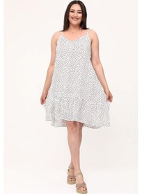 Resim Kadın Büyük Beden İp Askılı Puanlı Dokuma Beyaz Elbise Beyaz 