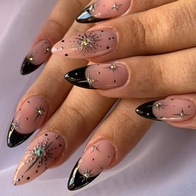 Resim 24 Adet Punk Tarzı Badem Şekilli Basınçlı Tırnaklar - Orta Boy Siyah & Pembe Parlak Sahte Tırnaklar Yıldız & Nokta Desenli, Jöle Yapıştırıcı, Tırnak Törpüsü & Ahşap Çubuk Dahil, Kadınlar İçin Günlük Kullanım & Partiler 
