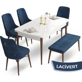 Resim Canisa Concept Taç Serisi 80 x 132 cm Beyaz Masa Ceviz Ayak Yemek Masası Takımı 4 Sandalye Gümüş Halkalı ve 1 Bench 