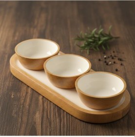 Resim Mango Ağacı Standlı 3'lü Kase Seti - İçi Kaplama Doğal Ahşap Çerezlik Ve Sosluk - 30 Cm Sunum Tepsili Dekoratif Set Düz Desen Açik Gri 