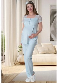 Resim Mecit Pijama Mecit 6010 Mavi Dantelli Hamile Lohusa Pijama Takımı 