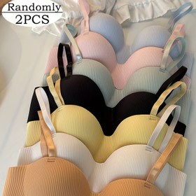 Resim Küçük Göğüsler İçin Yazın İnce ve Rahat Kadın İç Çamaşırı 2 Parça, Toplu ve Çizgili, Çelik Halka Yok, Göğüs Kaldırma ve Sarkan İç Çamaşırı 