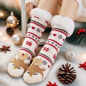 Resim 1 Çift Kadınlar için Noel Polar Astarlı Sıcak Çorap - Yumuşak Peluş Orta-Baldır Zemin Çorapları, Bayramlık Geyik & Kar Tanesi Tasarımı, Soğuk Hava İçin Rahat Kış Hediyesi, Noel Çorapları, Eğlenceli Çorap Tasarımı 