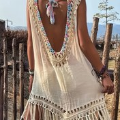 Resim Kadınların Boho Chic Tunic Elbisesi - Kolsuz, Askısız, İnci Fringe Detaylı, Bahar/Yaz Tatilleri İçin Mükemmel, Polyester, Tatil Elbisesi|Boho Chic Stil|Askısız Elbise 
