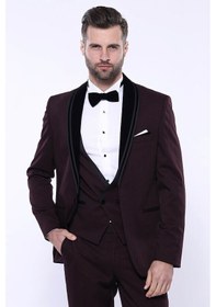 Resim Desenli Bordo Velvet Çıkma Yaka Takım Elbise - Wessi Bordo 