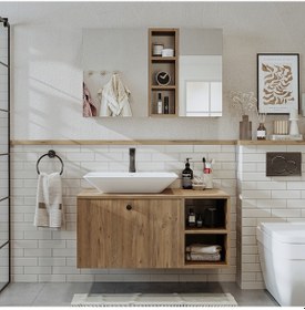 Resim Lotus Ayaksız Lavabolu Mdf 95 Cm Çekmeceli Oval Lavabolu Banyo At Atlantik Çam 