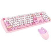 Resim Kablosuz Retro Klavye Mous Set 2.4G Yuvarlak Tuşlu Pembe 