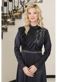 Resim Raika Moda Omuz Taş Baskı Şık Saten Ada Büyük Beden Tesettür Abiye Siyah 