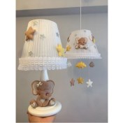 Resim Woodhub Bebek Çocuk Odası Avize Abajur Fil Kahve Krem Sarı Balonlu 