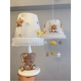 Resim Woodhub Bebek Çocuk Odası Avize Abajur Fil Kahve Krem Sarı Balonlu 