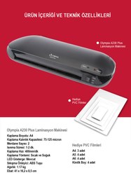 Resim Olympia A230 PLUS Laminasyon Makinesi (A4) Ve Hediye 15 Adet PVC Fİlmi 