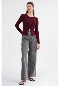 Resim Mixray 6931 Kadın Düğmeli Fitilli Triko Hırka Bordo 
