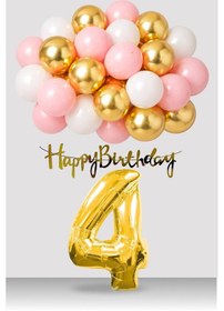 Resim 4 Yaş Retro Gold Pembe Beyaz Balon Happy Birthday Banner Gold Rakam Doğum Günü Süsü Çok Renkli 