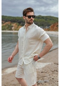 Resim Madmext Ekru Keten Görünümlü Relax Fit Erkek Gömlek Şort Takım E7364 