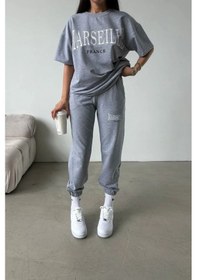 Resim Marseille T-shirt Eşofman Altı Jogger - Gri Baskılı Alt Üst Eşofman Takımı Oversize Bisiklet Yaka Gri 