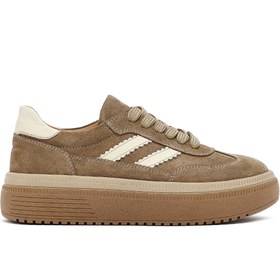 Resim Derimod Kadın Bej Bağcıklı Kalın Tabanlı Süet Deri Sneaker, Kışlık Spor Ayakkabı 25AFD512610 