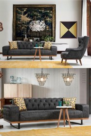 Resim Velura Home & Living Merly Chester Koltuk Takımı 3 1 & Genişleyebilir Kapitoneli Koltuk - Antrasit Keten Kumaş 