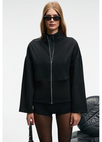 Resim VIVETY Kadın Dik Yakalı Metal Fermuarlı Korse Görünümlü Bele Oturan Regular Siyah Ceket 