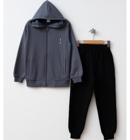 Resim Kapüşonlu Fermuarlı Çift Cepli Unisex Eşofman Takımı Füme 