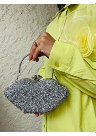 Resim Çanta Trend Kristal Antrasit Taşlı Uzun Ve El Tutma Askılı Dudak Abiye Çanta GÜMÜŞ 