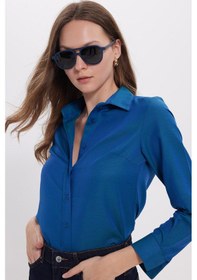 Resim Tudors Kadın Slim Fit Dar Kesim Uzun Kollu Pamuklu Vücuda Oturan Dokulu Açık Petrol Basic Gömlek-38819 Petrol 