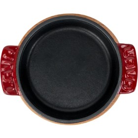 Resim Lava Döküm Yuvarlak Güveç Kabı Döküm Demir Yekpare Çift Kulplu Kayın Servis Ahşabı ÇAP(Ø)11CM.-BORDO 