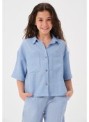 Resim Genç Kız Çocuk Cepli Kısa Kollu Gömlek Mavi 