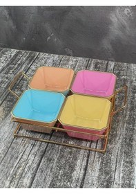 Resim 4 Bölmeli Gold Standlı Cam Kahvaltılık Çerezlik Sunumluk Renkli Çok Renkli 
