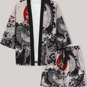 Resim ConjueSS Erkek Dragon Battle Japon Tarzı Kimono Seti - V Yaka, Bol Kesim, Polyester, Karikatür Baskı, Bağcıklı Şortlu Yaz Pijama Seti 