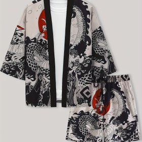 Resim ConjueSS Erkek Dragon Battle Japon Tarzı Kimono Seti - V Yaka, Bol Kesim, Polyester, Karikatür Baskı, Bağcıklı Şortlu Yaz Pijama Seti 