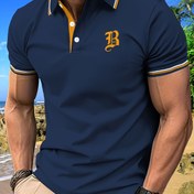 Resim Erkekler için yazlık golf tarzı, düğmeli yaka ile, %100 polyester, kısa kollu, yazlık golf tarzı, hafif esnek örgü, düzenli fit, harf baskılı, hafif esnek örgü 