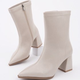 Resim Muggo Codi Sivri Burun Kalın Topuklu Fermuarlı Kadın Bot Ten 