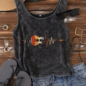 Resim Kadınlar İçin Müzik Temalı Grafik Baskılı Kolsuz Yazlık Tişört - Turuncu Gitar ve Kalp Atışı Desenli, Nefes Alabilen Makinede Yıkanabilir Normal Kesim Plaj ve Günlük Kullanım için Siyah Tank Top, Şeffaf Olmayan Kumaş 