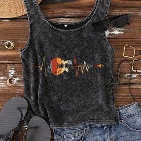 Resim Kadınlar İçin Müzik Temalı Grafik Baskılı Kolsuz Yazlık Tişört - Turuncu Gitar ve Kalp Atışı Desenli, Nefes Alabilen Makinede Yıkanabilir Normal Kesim Plaj ve Günlük Kullanım için Siyah Tank Top, Şeffaf Olmayan Kumaş 