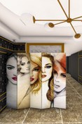 Resim Fupe Shop Doğal Ahşap Kadın Figür Tek Taraf Baskılı 5 Kanat Paravan Seperatör Oda Bölme 