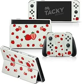 Resim Tacky Design Nintendo Switch OLED Kaplama için Çilek Kaplama - Vinil 3M Yeşil Nintendo Switch OLED Çıkartma Seti - Konsol, Dock, Joy Con Wrap için Switch OLED Kaplama - Çıkartma Tam Sarma 