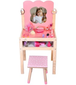 Resim Masal Oyuncak Ahşap Çocuk Güzellik Makyaj Masası Tabüreli 