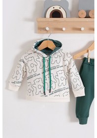 Resim Çapraz Bears Kapüşonlu % 100 Pamuk Erkek Bebek Takımı Yeşil 