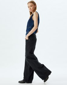 Resim Bol Kesim Kot Pantolon Çift Bel Detaylı Düğmeli - Loose Straight Fit Jean 