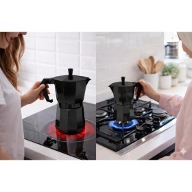Resim Prolite Retro Moka Pot 6'lık Siyah Alüminyum Ev Tipi ve Kamp Kahve Demliği Kompakt Kullanım 