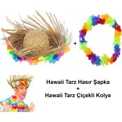 Resim Hawaii Tarzı Set - Tropikal Çiçekli Hasır Şapka ve Çiçekli Hawaii Kolye 