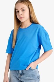Resim DeFacto Kız Çocuk Relax Fit Bisiklet Yaka Basic Düz Kısa Kollu Tişört Pembe 