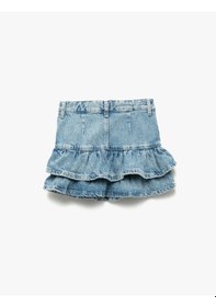 Resim Koton Pamuklu Fırfır Detaylı Katlı Cepli Mini Denim Etek Lıght Indıgo 5skg70017ad Açık Mavi 