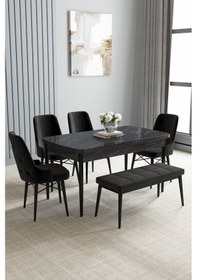 Resim Jusie Siyah Mermer Desen 80x132 Açılabilir Yemek Odası Takımı 4 Sandalye, 1 Bench 