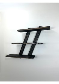 Resim Doğal Ahşap Dekoratif Simetrik Duvar Rafı,3 Katlı Vintage, Siyah 